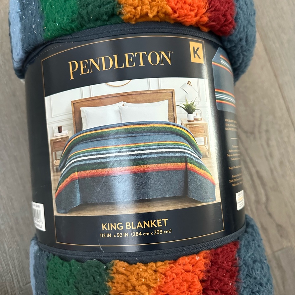 Pendleton Striped King Blanket - Blue, Green, Orange, Red
